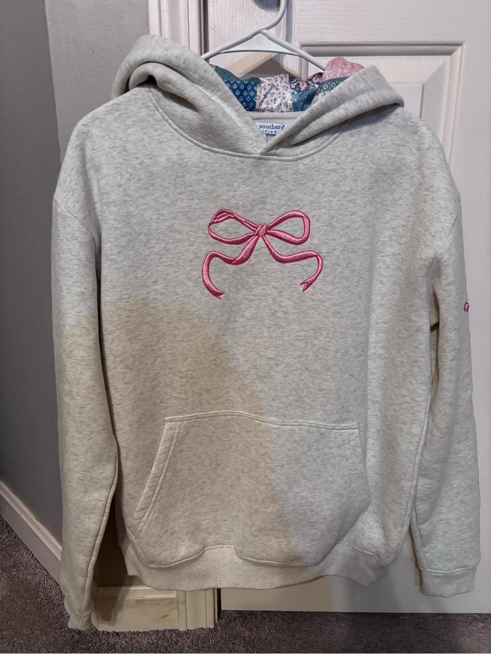 Simply Southern Light Gray Hoodie with Pink Bow Embroidery